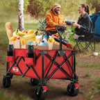 Overmont Collapsible Wagon Cart with Wheels - 180L Foldable Heavy Duty Wagon with Big All-Terrain Wheels - 330Lbs Weight Capacity with Side Pockets for Camping Sports Garden Grocery Shopping red