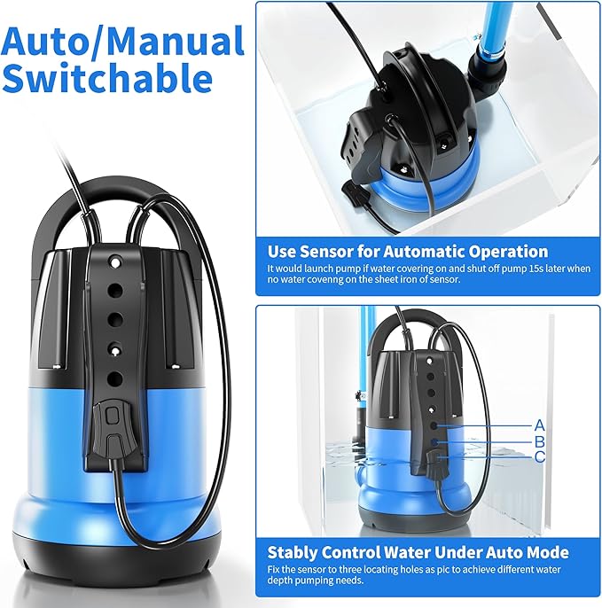 FOTING Sump Pump 1HP Automatic Submersible Water Pump, 4600GPH Utility Pump Thermoplastic Electric Portable Transfer Water Pump for Swimming Pool Garden Pond Basement with 16ft Long Power Cord