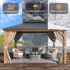 MELLCOM 10'x12' Hardtop Gazebo, Wooden Finish Coated Aluminum Frame Canopy with Galvanized Steel Roof, Outdoor Metal Gazebos with Curtains and Nettings for Patio, Backyard, Deck and Lawns