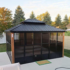 PURPLE LEAF 12' X 14' Sunroom Patio Hardtop Gazebo Double Top Galvanized Steel Screen House Aluminum Sun Room Outdoor Solarium for Garden Backyard and 24 Solar String Light