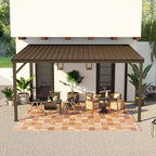 Domi 10’x14’ Wall-Mounted Hardtop Gazebo Pergola – Permanent Lean-to Outdoor Shelter with Sloped Galvanized Steel Roof & Upgraded Drainage – Grey Metal Patio Cover for Backyard, Deck, Garden, Brown