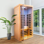 1 Person Infrared Sauna for Home Deluxe Transparent Large Glass Hemlock Wood Low EMF FAR Infrared Sauna, 1420 watts 7 Heating Panels Indoor Personal Saunas with Blue-Tooth, LCD Display