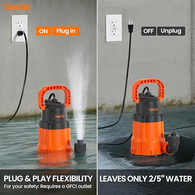 Cleartide Submersible Sump Pump, 1/2 HP Utility Water Pump for Pool Draining, Hot Tub, Basement, Electric Drain Pump Handles 3/8" Solids, 10 FT Cord