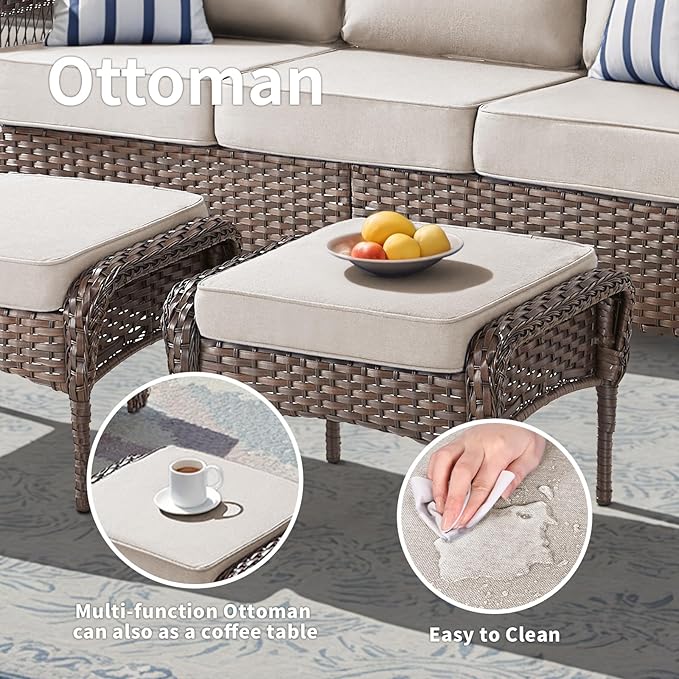 9 Pieces Patio Furniture Set Outdoor Sectional Sofa Couch with Rocking Swivel Chairs 5" Deep Seat Chairs, Modern Wicker Rattan Conversation Set, Beige/Brown Wicker