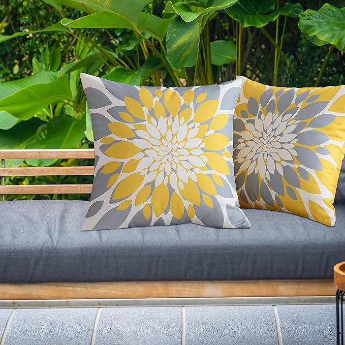 Qahing Pack of 4 Fall Outdoor Waterproof Pillow Covers 20x20 Decorative Outdoor Throw Pillows Garden Square Cushion Cases for Patio Furniture, Couch, Tent Sunbrella, Bench, Mustard Yellow Grey