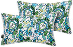 Pack of 2 Outdoor Waterproof Lumbar Rectangular Throw Pillow with Insert, Home Decorative Toss Pillows All Weather Cushion for Patio Garden Car Office (12x20 Inch, Botanical Blue Green)