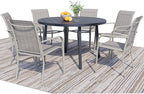 7 Pieces Round Dining Table Set for 6, Patio Dining Set Includes 6 Grey Stackable Patio Chairs and 1 Black Round Table Set of 6, Patio Furniture Sets with Sling Support for Outside, Garden