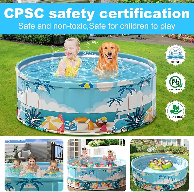 Foldable Swimming Pool for Kids 63"x18" Hard Plastic Portable Dog Pool Anti-Slip Collapsible Pets Bathtub Kiddie Pool Indoor Outdoor Backyard (Beach Party 63'')