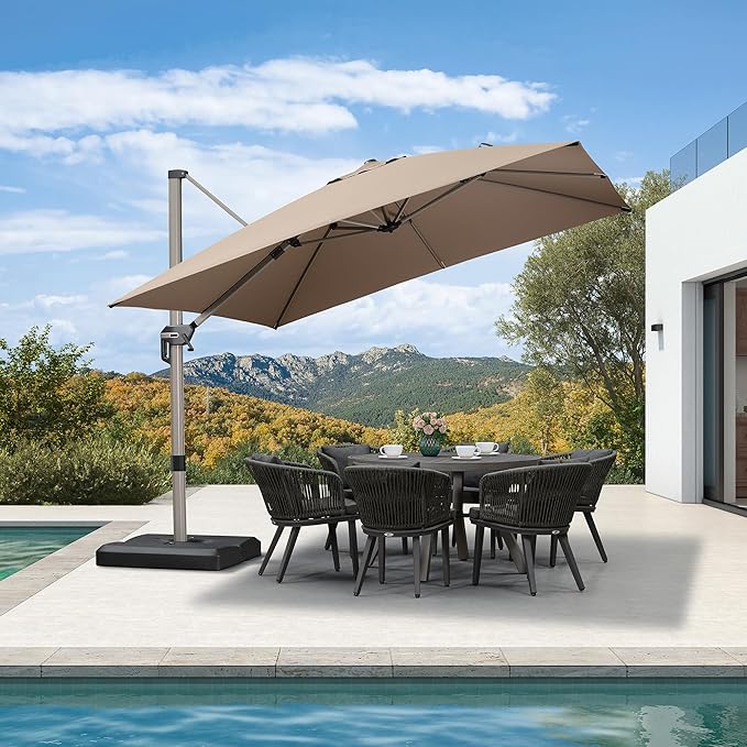 PURPLE LEAF 10' X 10' Patio Umbrella Outdoor Cantilever Umbrella, Aluminum Offset Umbrella with Champagne Frame and 360° Rotation for Pool Deck Garden, Taupe