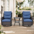 Patio Swivel Chairs with Smile-Shaped Cushions, 3 Piece High Back Patio Swivel Glider Chairs with Side Table 3PCS PE Rattan Luxury Swivel Patio Chair Set Brown Wicker - Blue Cushions
