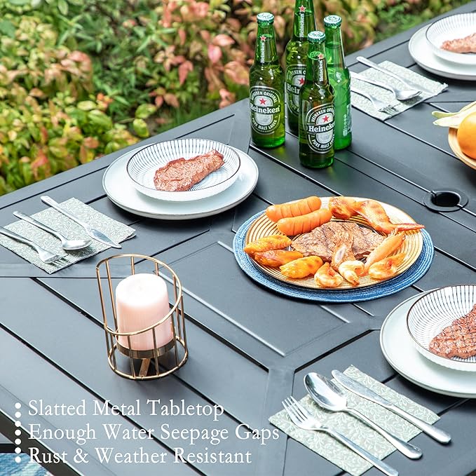 Sophia & William 64" Large Outdoor Dining Table, Rectangular Metal Patio Table for 6, E-Coating Weather-Resistant Dining Table with 1.77" Umbrella Hole for Garden Porch, Black