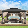 Gotland 12' x 14' Khaki Hardtop Gazebo with Curtains and Netting, Double Roof Iron Metal Pergola for Patio, Garden, Lawn