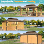 EROMMY 12'x18' Gazebo Hardtop, Galvanized Steel Double Roof Metal Gazebo with Aluminum Frame, Permanent Outdoor Pavilion with Curtain and Netting for Patio, Lawn and Garden, Brown
