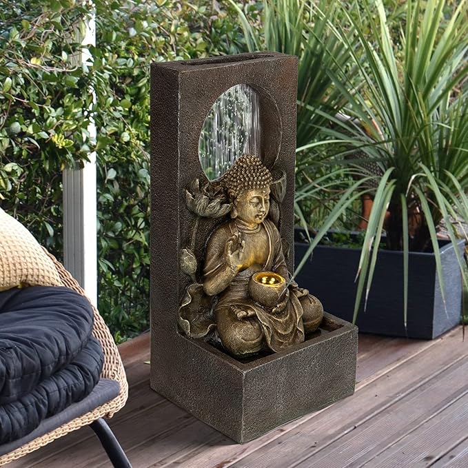 Ferrisland Buddha Waterfall Fountain Indoor & Outdoor, Freestanding Relaxing Water Fountain, Asian Zen Fengshui Patio Garden Backyard Decking Home Decor, Gift Ideas (Gold, 27.6" H)