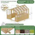 6 * 8 FT Wood Greenhouses for Outdoors Heavy Duty, Outdoor Greenhouse Kit with Adjustable Roof Vent and Reinforced Panels, Walk in Polycarbonate Greenhouse for Outside Garden & Backyard, Light Honey