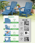 Folding Adirondack Chair with Retractable Ottoman Weather Resistant Fire Pit Chair Patio Chair with 2 Cup Holder Lawn Outdoor Lounge Chair (Navy Blue)