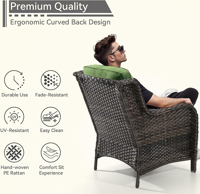 Patio Wicker Chairs Set of 2, Patio Rattan Dining Chairs with 3.5-inch Seat Cushions, High Back and Curved Armrest for Garden, Backyard, Balcony and Deck, Green