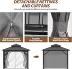8.5' x 8.5' Hardtop Gazebo, Galvanized Steel Double Roof Gazebo with Nettings and Curtain Outdoor Aluminum Frame Vertical Stripes Roof Gazebos for Patio, Backyard, Lawn