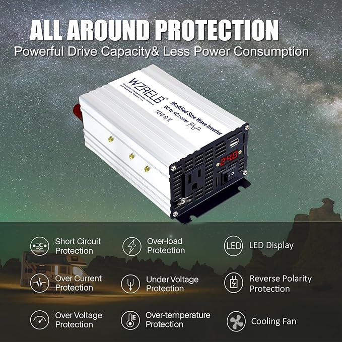 WZRELB 600W Power Inverter 24V DC to 110V 120V AC,Modified Sine Wave Car Inverter with LED Display,USB Port,Soft Starter,Off-Grid Power Converter with High Efficiency up to 90%