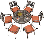 PURPLE LEAF Patio Dining Set Cast Aluminum 7-Piece Patio Furniture Set with 6 Dining Armchairs and 47" Round Table, 6 Cushions Included, for Lawn Yard Garden, Lattice Brick Red Outdoor Dining Set