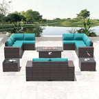 Outdoor Patio Furniture Set with Propane Fire Pit Table, 13 Pieces Outdoor Furniture Patio Sectional Sofa Conversation Sets w/ETL Approved 43" Gas Outdoor Fire Table & Coffee Table Blue.