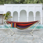 LazyDaze Hammocks Double Hammock with Stand - 2 Person Heavy Duty Outdoor Hammock for Adults, Includes Durable Steel Stand, Portable Carrying Bag and Pillow, Red Purple