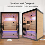 2 Person Infrared Sauna Home Indoor Sauna Canadian Hemlock Wooden Dry Sauna Room Low EMF 2160W with Oxygen Bar, 7 Color Therapy 53.1" x 47.2" x 74.8"