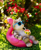 Nacome Cat Lying Flamingo for Garden Statue: Solar Outdoor Decor Figurine for Clearance Outside Lawn Ornaments Porch Patio Balcony – Gifts for Grandma Mom