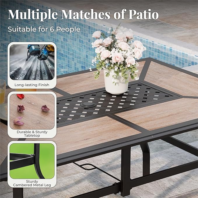 Outdoor Patio Dining Set 7 Piece Furniture Set with 6 Blue Textilene Chairs and Wood-Like Table Top Rectangular Table for Deck Garden Backyard Lawn Poolside