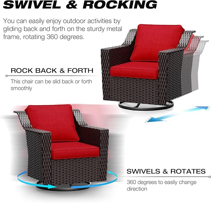Joyside Wicker Patio Furniture Sets, 4 Pieces Upgraded Large Size Outdoor Furniture with Swivel Rocking Patio Chairs and Outdoor Ottoman, Thick Cushions, Wide Armrest