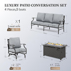 HERA'S HOUSE 4 Pieces Patio Furniture Set with Fire Pit Table, 2 x Rocking Chair, 3-Seat Sofa with 45" Fire Pit Table, Outdoor Conversation Set for Garden Poolside Backyard, Grey