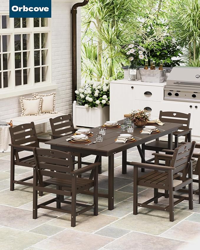 Patio Table and Chairs Set with Umbrella Hole, HDPE Patio Dining Set for 4, Outdoor Dining Set for Lawn, Patio, Porch, Deck, Poolside, Yard (Mahogany, 5-Piece)