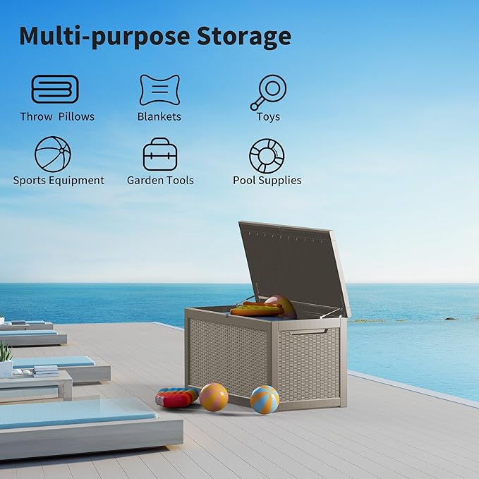 320 Gallon Waterproof Large Resin Deck Box Indoor/Outdoor Lockable Storage Container and Seating for Garden, Pool, and Patio (320 Gallon, Grey)