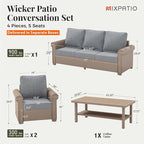 Patio Furniture Set 4 pcs, Wicker Outdoor Patio Furniture, 3-Seat Sofa, 2 Single Chairs and Coffee Table, Rattan Patio Conversation Set for Backyard Deck, Grey