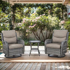Patio Swivel Chairs with Smile-Shaped Cushions, 3 Piece High Back Patio Swivel Glider Chairs with Side Table 3PCS PE Rattan Luxury Swivel Patio Chair Set | Grey Wicker - Grey Cushions