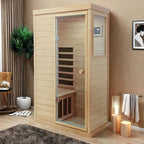 Infrared Sauna Single Hemlock Mini Far Infrared Sauna Box for Home on The Right with LCD Display, Bluetooth Audio, Natural