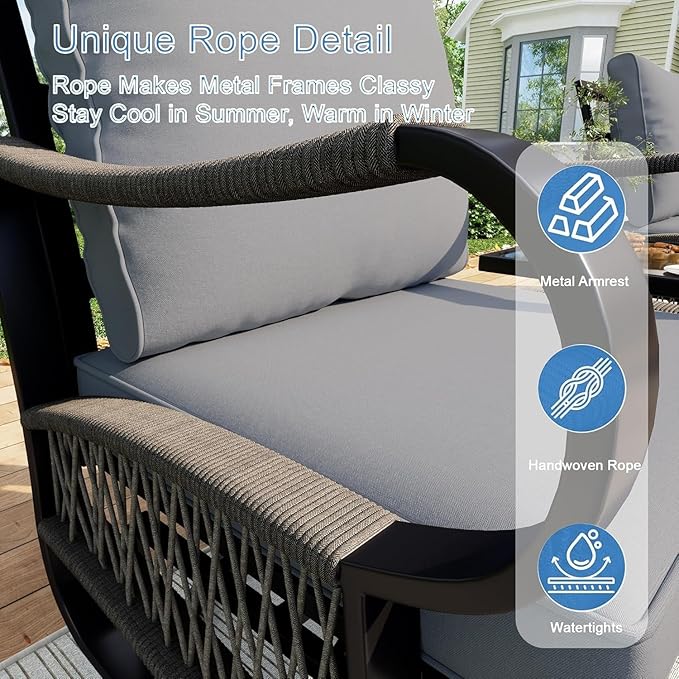 3 Pieces Patio Conversation Sets, All Weather Metal Outdoor Furniture Set, 2 Three-Seater Sofas, 1 Fire Pit Table for Backyard Garden Deck Porch Poolside, Gray