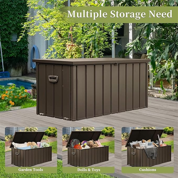 100 Gallon Outdoor Deck Box Lockable Metal Indoor Outdoor Storage Container with Side Handle, Waterproof Storage Box with Rolling Castors for Patio Garden Tools, Pools Equipment, Cushions, Brown