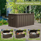 120 Gallon Outdoor Deck Box Lockable Metal Indoor Outdoor Storage Container with Side Handle, Waterproof Storage Box with Rolling Castors for Patio Garden Tools, Pools Equipment, Cushions, Brown