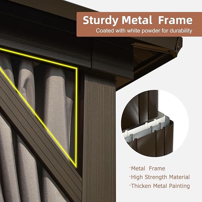 Domi Hardtop Gazebo 12x20FT, Aluminum Outdoor Gazebo with Galvanized Steel Double Roof Canopy, Curtains and Netting Included, Metal Gazebo Permanent Pavilion for Patio, Lawn, Garden, Brown