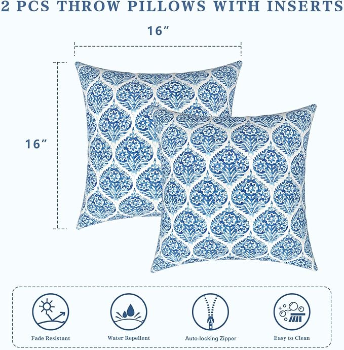 LVTXIII Outdoor Throw Pillows, Decorative Throw Pillows with Inserts, 16"x16" Square Pillows for Bed, Couch, Sofa and Patio Furniture, Set of 2, Celadon Geometric
