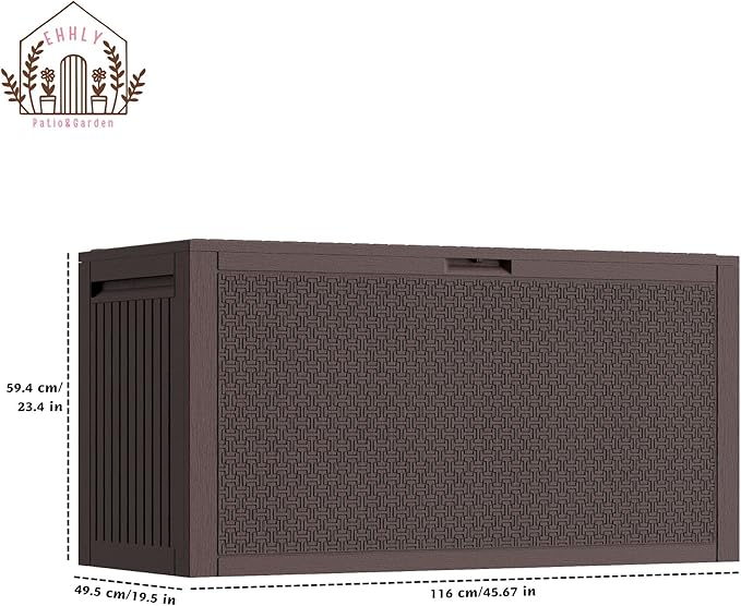 90 Gallon Outdoor Storage Box, Lockable Package Outside Storage Box Waterproof, Patio Cushions Deck Storage Boxes, Rattan Plastic Garden Hose Containers Resin Pool Storage Bins with lids, Brown