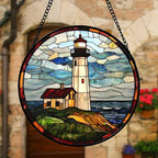 Stained Glass Window Hanging, Ocean Lighthouse Sun Catchers Glass Panel Blue Green Suncatcher Decor for Birthday for Women, Men, Wife, Aunt, and Mom 9.8 in