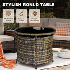 MEISSALIVVE 8 Piece Outdoor Patio Furniture Set, Half-Moon Curved Sectional Set with Wood Armrests, Patio Conversation Set, 2 Half-Moon Ottomans, Round Table & Side Table (Brown)