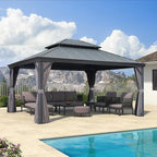 PURPLE LEAF 13' X 15' Permanent Gazebo with Metal Roof Outdoor Hardtop Gazebo for Patio Lawn and Garden Curtains and Netting Included Grey