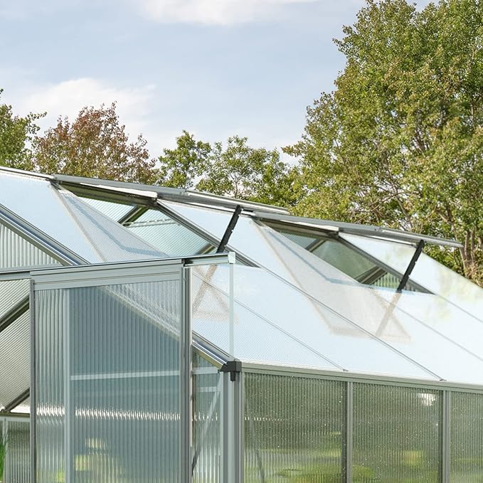 Greenhouse Topas 6 Aluminum Frame 7.4 x 12.6 ft Approx. 8 mm Polycarbonate Panels - with Bonus Base Frame and Automatic Vent Opener