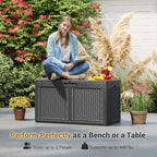 RELAX4LIFE 100-Gallon Resin Deck Box - Waterproof Outdoor Storage Box Container w/Lockable Lid & Wheels, Faux Rattan Porch Bench for Patio Furniture Cushions, Pool Accessories, Garden Tools (Grey)