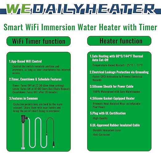 1800W Immersion Water Heater for pool & Hot Tub – Portable Fully Submersible Electric Heater with Wifi Timer & Temp Control for Inflatable Pool, Above Ground Pool, Spa, bucket & Bathtub