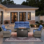 HUMMUH 6 Pieces Patio Furniture Set with Fire Pit High Back Outdoor Furniture Set 6-inch Cushions Wicker Patio Swivel Rocker Chairs for Balcony Garden,Lawn,Deck