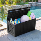 Flamaker Resin Deck Box 120 Gallon Waterproof Large Outdoor Indoor Storage Box Imitation Wood Resin for Patio Furniture Garden Tools and Pool (Black)